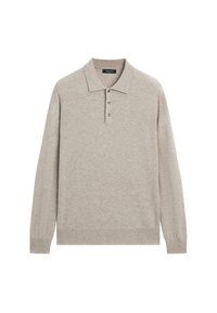 Polo a maniche lunghe beige in morbido tessuto, con colletto, patta con tre bottoni e orlo e polsini a coste.