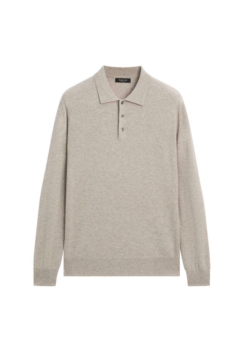 Polo a maniche lunghe beige in morbido tessuto, con colletto, patta con tre bottoni e orlo e polsini a coste.