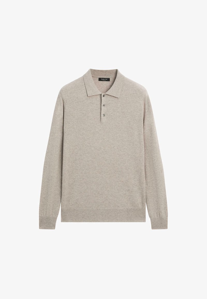 Polo a maniche lunghe beige in morbido tessuto, con colletto, patta con tre bottoni e orlo e polsini a coste.