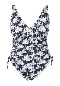 Zwart-witte palmboomprint één-piece badpak met een diepe V-halslijn, geraffineerde zijkanten en verstelbare trekkoorddetails.