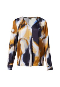 Langärmlige Bluse aus glattem Stoff mit einem mehrfarbigen, abstrakten Muster in Orange, Marineblau und Weiß sowie einem V-Ausschnitt.