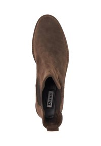 Brown suede ankle boot with elastic side panels, rounded toe, and a pull tab. Textured surface and contrasting stitching detail.