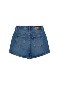 Denim shorts in medium blue with a slightly faded texture. Features a high waist, five-pocket design, and a branded label at the back.
