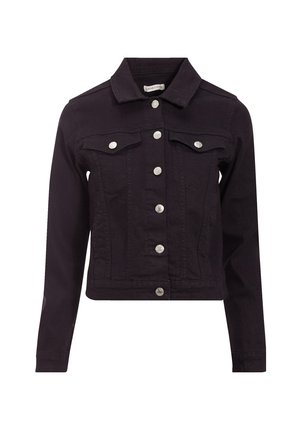 Veste en denim noir avec un col, des fermetures à boutons argentés, deux poches poitrine et des manches longues. Pr�ésente un design court et des accents cousus.