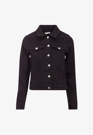 Chaqueta de mezclilla negra con cuello, cierres de botones plateados, dos bolsillos en el pecho y mangas largas. Presenta un diseño recortado y acentos de costura.