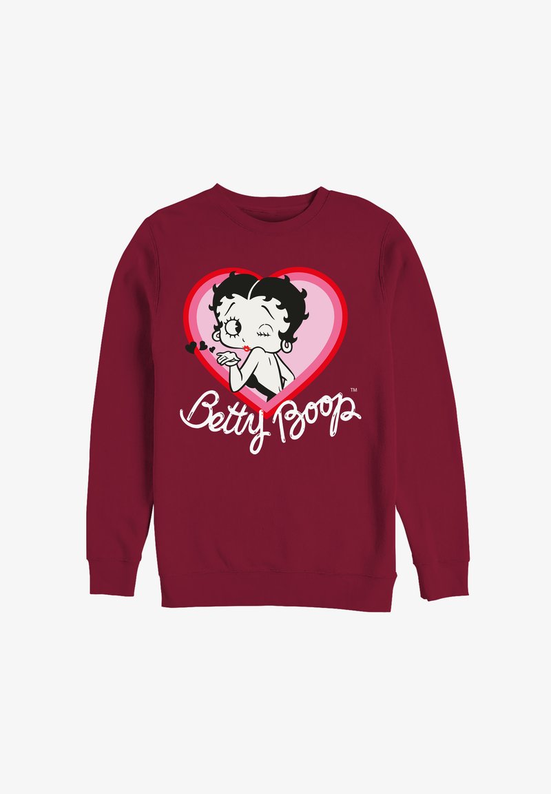 Maronrød sweatshirt med en sort-hvid tegneseriefigur inde i et rosa hjerte, med "Betty Boop" tekst nedenunder i hvid skråskrift.