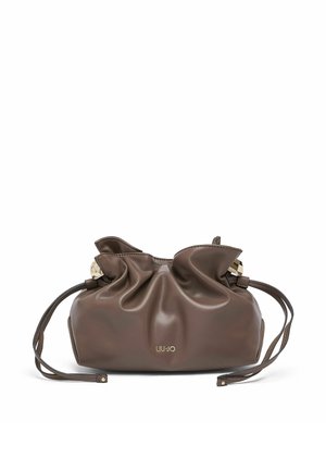 Petit sac pochette en cuir marron doux avec haut froncé et longues bandoulières, présentant un petit logo Liu Jo doré au centre avant.