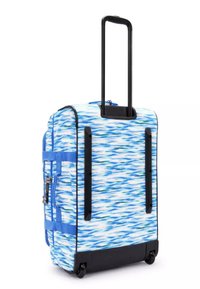 Valigia con ruote, motivo a onde blu, materiale in tessuto, manico estraibile e base nera. Presenta due ruote e cerniere per l'accesso.