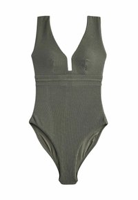 Olive green ribbed one-piece swimsuit with a deep V-neck, wide straps, and a fitted design. Smooth texture; high-cut leg openings.