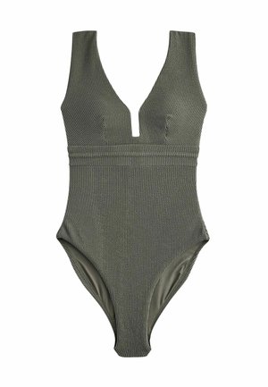 Costume da bagno intero ribbed verde oliva con scollatura a V profonda, spalline larghe e design aderente. Texture liscia; aperture per le gambe alte.