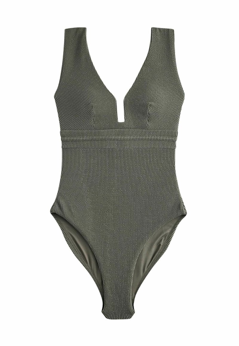 Olive green ribbed one-piece swimsuit with a deep V-neck, wide straps, and a fitted design. Smooth texture; high-cut leg openings.