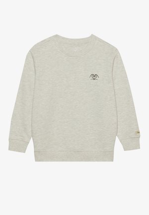 Hellgraues Sweatshirt, weiche Textur, Rundhalsausschnitt, lange Ärmel, mit kleinem schwarzem Logo auf der Brust und einem Markenlabel am Ärmel.