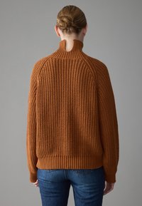 Knit sweater in burnt orange with a high collar, textured pattern, and ribbed cuffs and hem. Worn over blue jeans. Back view.