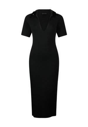 Black knitted dress with a deep V-neck and short sleeves. Features embellished shoulder accents and a fitted, ankle-length design.