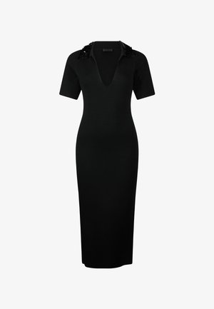 Abito nero lavorato a maglia con scollatura a V profonda e maniche corte. Caratterizzato da spalline decorate e una vestibilità aderente fino alla caviglia.