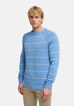 Blonde man die een blauw gebreide trui met dunne witte horizontale strepen en een beige broek draagt, staand tegen een effen achtergrond.