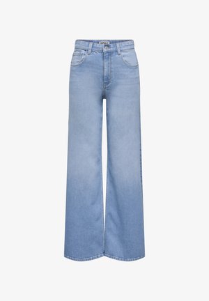 Lyseblå vide denimjeans med fem lommer, beltehemper og knappelukking i livet.