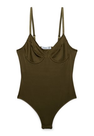 Body senza maniche verde oliva con sottili spalline regolabili e dettagli con ferretto, taglia piccola, disteso su sfondo bianco.