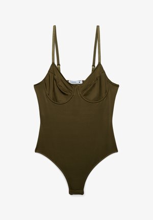 Body senza maniche verde oliva con sottili spalline regolabili e dettagli con ferretto, taglia piccola, disteso su sfondo bianco.