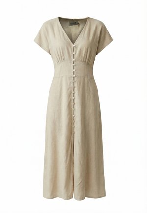 Robe midi beige à manches courtes avec col en V, taille cintrée et fermeture boutonnée devant, réalisée en tissu léger.