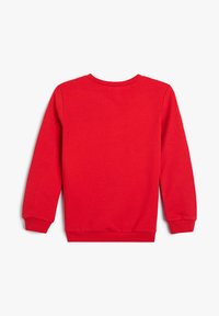 Sudadera roja de manga larga, con cuello redondo y puños acanalados. Fabricada en una tela suave, cuenta con un color sólido sin patrones ni adornos.