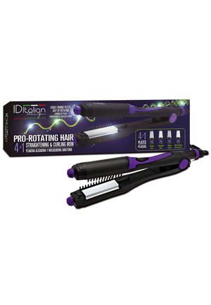 Plancha y rizador profesional negro y morado con placas intercambiables, presentado con caja que muestra cuatro tipos de placas y características.