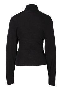 Haut noir à manches longues avec col roulé et coupe ajustée, vu de dos sur fond blanc.