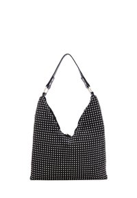 Borsa nera in stile hobo con un tessuto texture coperto da piccoli perline bianche. Presenta una singola tracolla e un'ampia apertura.