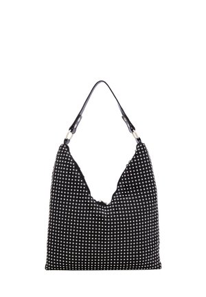 Borsa nera in stile hobo con un tessuto texture coperto da piccoli perline bianche. Presenta una singola tracolla e un'ampia apertura.