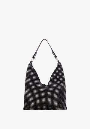 Borsa nera in stile hobo con un tessuto texture coperto da piccoli perline bianche. Presenta una singola tracolla e un'ampia apertura.
