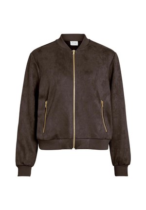 Brązowa kurtka bomberka z miękkiej tkaniny o gładkiej fakturze. Posiada złoty zamek błyskawiczny i dwie ukośne boczne kieszenie, ściągacze na mankietach oraz u dołu kurtki.