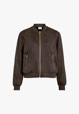 Brązowa kurtka bomberka z miękkiej tkaniny o gładkiej fakturze. Posiada złoty zamek błyskawiczny i dwie ukośne boczne kieszenie, ściągacze na mankietach oraz u dołu kurtki.