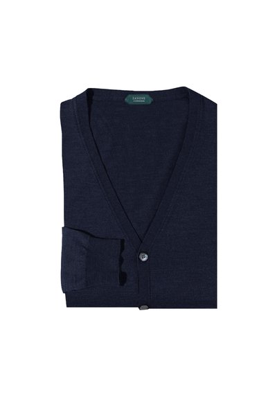 Cardigan bleu marine en tissu léger, avec un col en V, fermeture à un bouton et poignets côtelés, affiché replié.