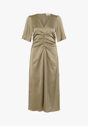 Oliivroheline põlvekohale ulatuv kleit lühikeste varrukatega, V-kaelusega ja kokku kogutud esiosas. Valmistatud siledast kangast, tagaküljel lukuga.