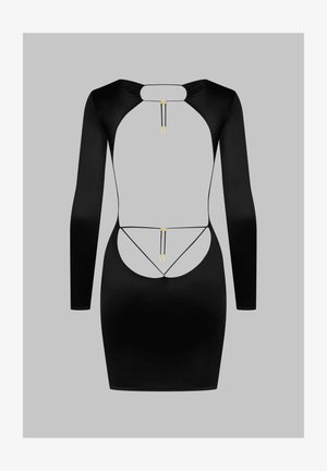 Schwarzes Langarmkleid mit taillierter Silhouette, tiefem Rückenausschnitt, goldenen Hardware-Details und glatter Textur.