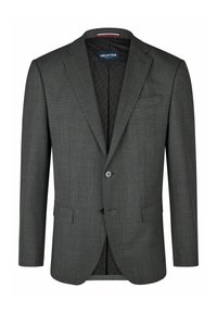 Dunkelgrauer Blazer mit Schalkragen, zwei vorderen Taschen, einer Einzelknopfschließe und einem gemusterten Innenfutter.