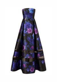 Kwiecista wieczorowa suknia w kolorze czarnym z fioletowymi i niebieskimi wzorami, bez ramiączek, z usztywnianą górą i pełną, objętościową spódnicą.