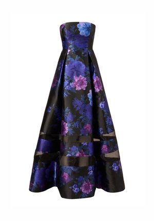 Květinové večerní šaty v černé barvě s purpurovými a modrými vzory, bez ramínek, s tvarovaným korzetem a plnou, objemnou sukní.