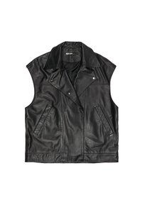 Melna ādas motocikla veste ar plašu apkakli, priekšējo spiedpogām un divām sānu kabatām. Gluda tekstūra ar šuvēm.