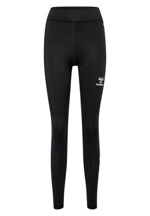Black leggings made of stretchy material with a high waistband. Features a small white logo on the left thigh and a smooth, seamless design.