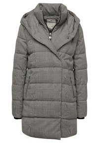 Abrigo acolchado gris con patrón de cuadros, con una capucha grande, cierre de cremallera y bolsillos laterales. Hecho de tela ligera e aislante.