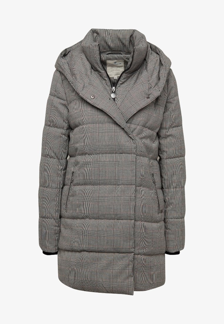Abrigo acolchado gris con patrón de cuadros, con una capucha grande, cierre de cremallera y bolsillos laterales. Hecho de tela ligera e aislante.