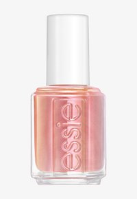 Flacon de vernis à ongles Essie avec une base en verre clair, une formule irisée rose et un capuchon blanc. Présente un logo en relief à l'avant.