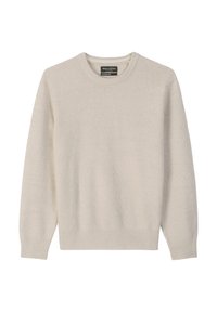 Jasno beżowy sweter, okrągły dekolt, miękka tekstura, długie rękawy, prążkowane mankiety i dół, metka przy dekolcie. Prosty, nieozdobiony design.