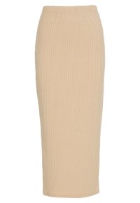 Béžová proužkovaná midi sukně s přiléhavým střihem, elastickým pasem a hladkým povrchem, sahající do poloviny lýtek.