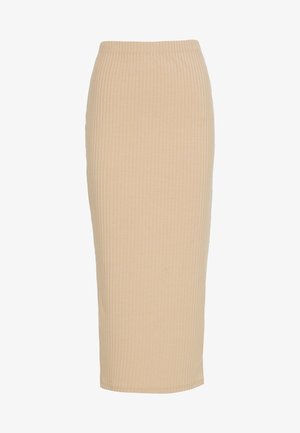 Beige gerippter Midikleid mit figurbetontem Design, elastischem Bund und glatter Textur, der bis zur Wadenmitte reicht.