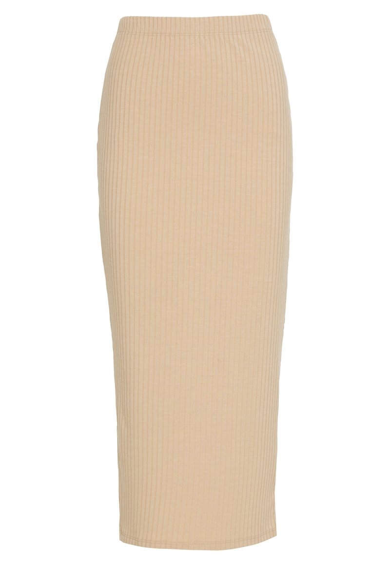 Béžová proužkovaná midi sukně s přiléhavým střihem, elastickým pasem a hladkým povrchem, sahající do poloviny lýtek.