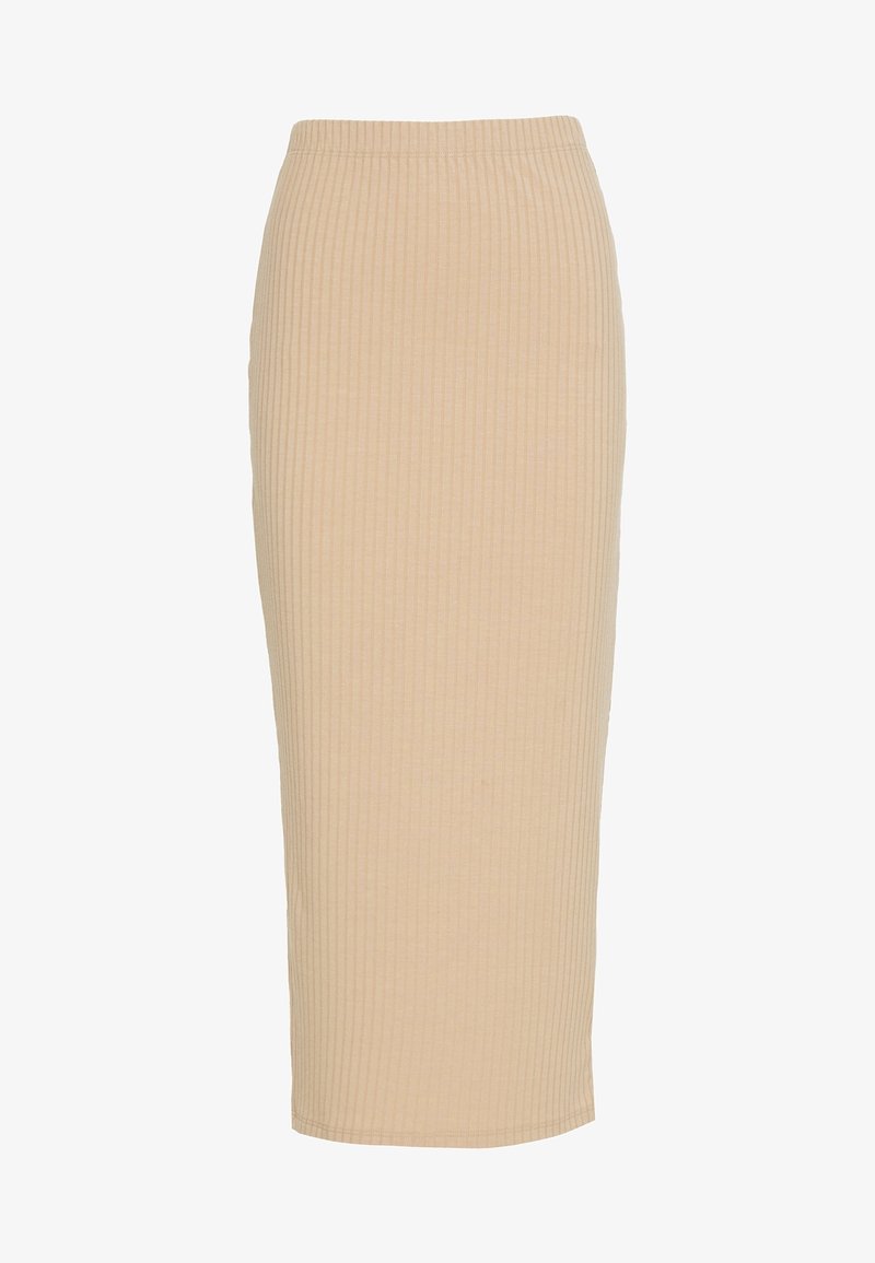 Béžová proužkovaná midi sukně s přiléhavým střihem, elastickým pasem a hladkým povrchem, sahající do poloviny lýtek.