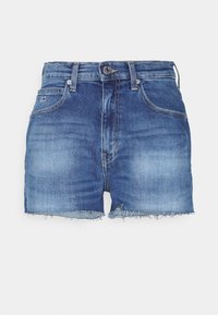 Shorts in denim con lavaggio blu chiaro a medio, con vita alta, orlo sfilacciato e cinque tasche, dotati di un piccolo logo sul davanti.