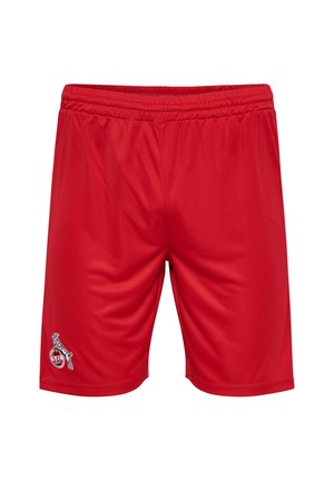 Rote Sportshorts aus leichtem Stoff mit elastischem Bund und einem Logo auf der linken unteren Seite. Glatte Textur und knielanges Design.